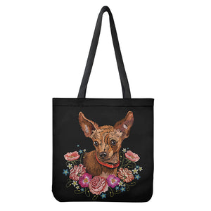 Embroidery Chihuahua And Flower Print Tote Bag