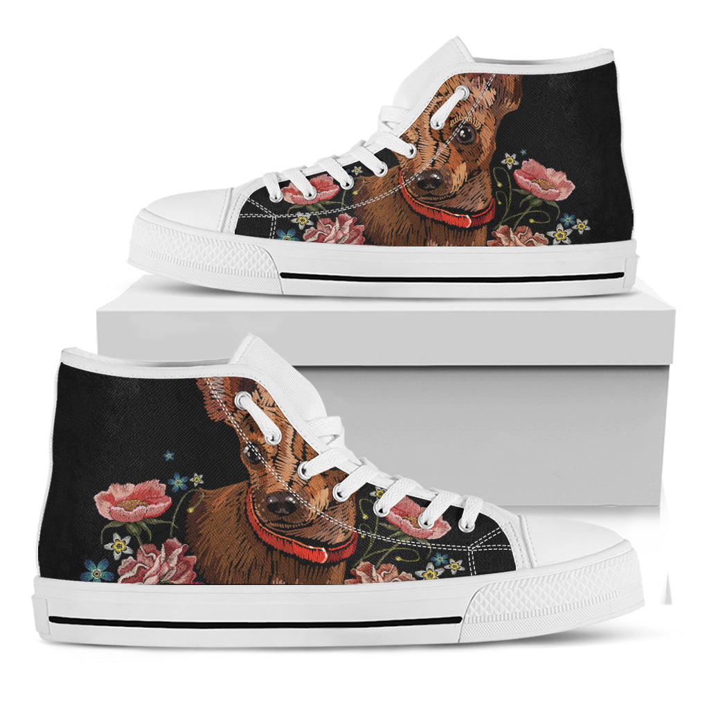 Embroidery Chihuahua And Flower Print White High Top Shoes