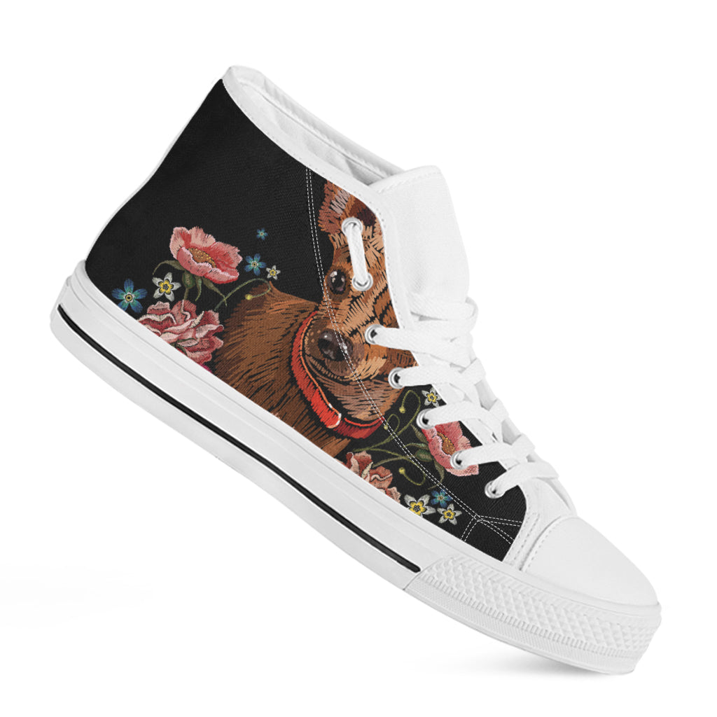 Embroidery Chihuahua And Flower Print White High Top Shoes