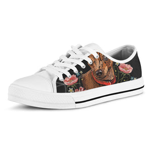 Embroidery Chihuahua And Flower Print White Low Top Shoes