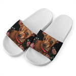 Embroidery Chihuahua And Flower Print White Slide Sandals