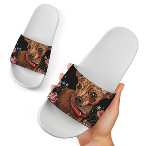 Embroidery Chihuahua And Flower Print White Slide Sandals