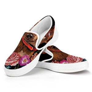 Embroidery Chihuahua And Flower Print White Slip On Shoes