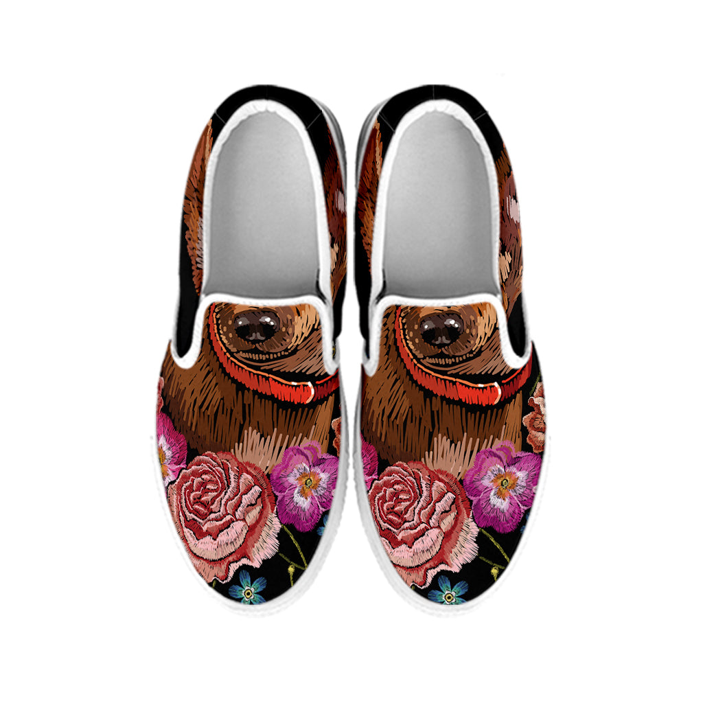 Embroidery Chihuahua And Flower Print White Slip On Shoes