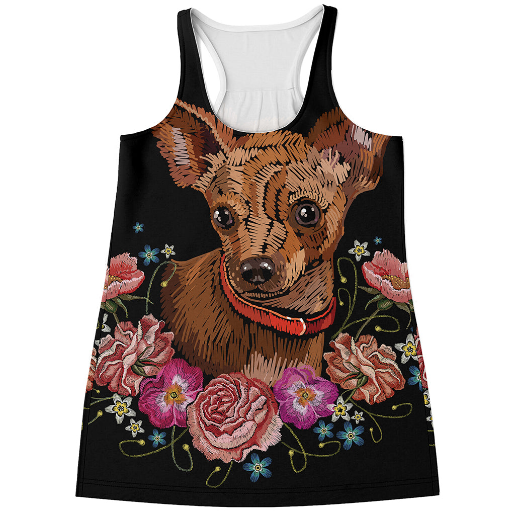 Embroidery Chihuahua And Flower Print Women's Racerback Tank Top