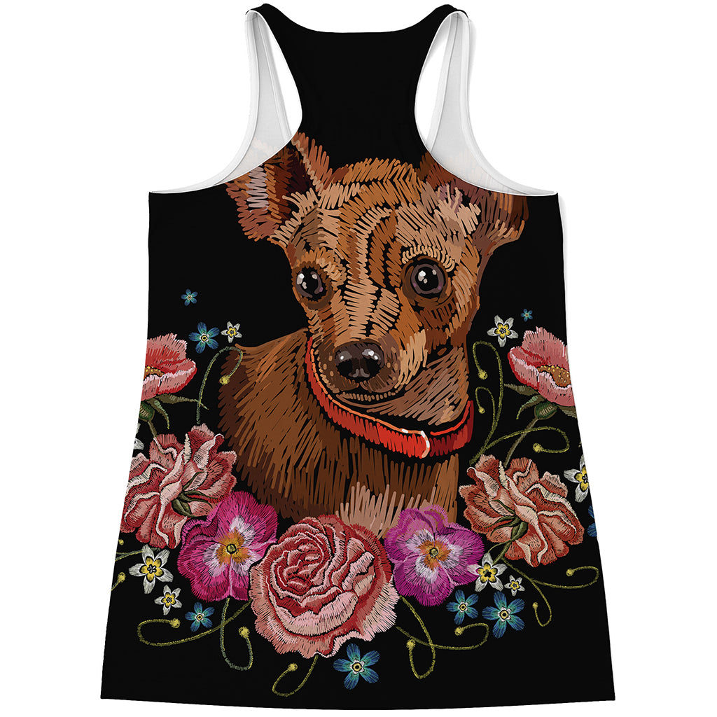 Embroidery Chihuahua And Flower Print Women's Racerback Tank Top