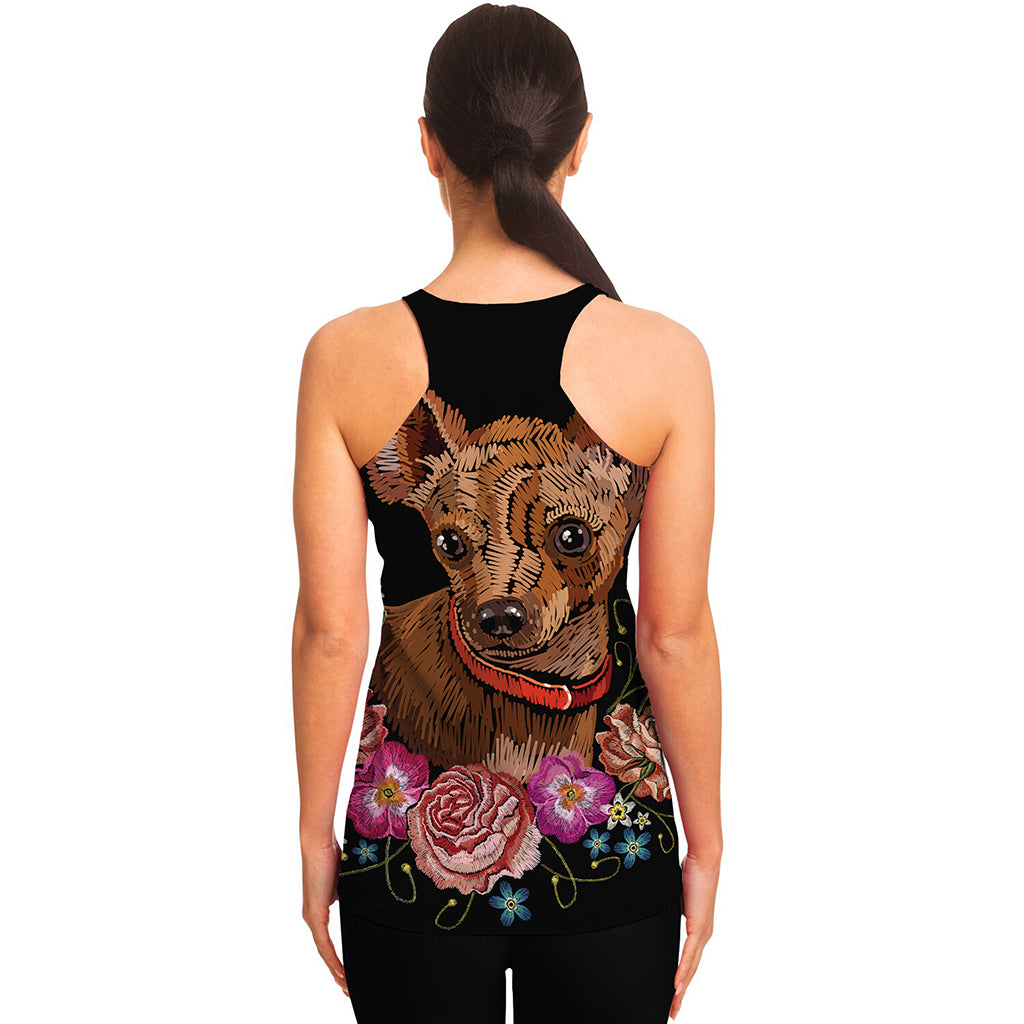 Embroidery Chihuahua And Flower Print Women's Racerback Tank Top