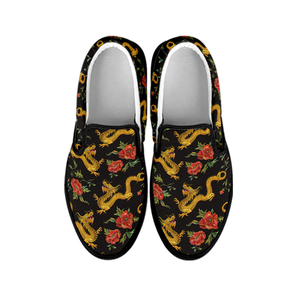 Embroidery Chinese Dragon Pattern Print Black Slip On Shoes