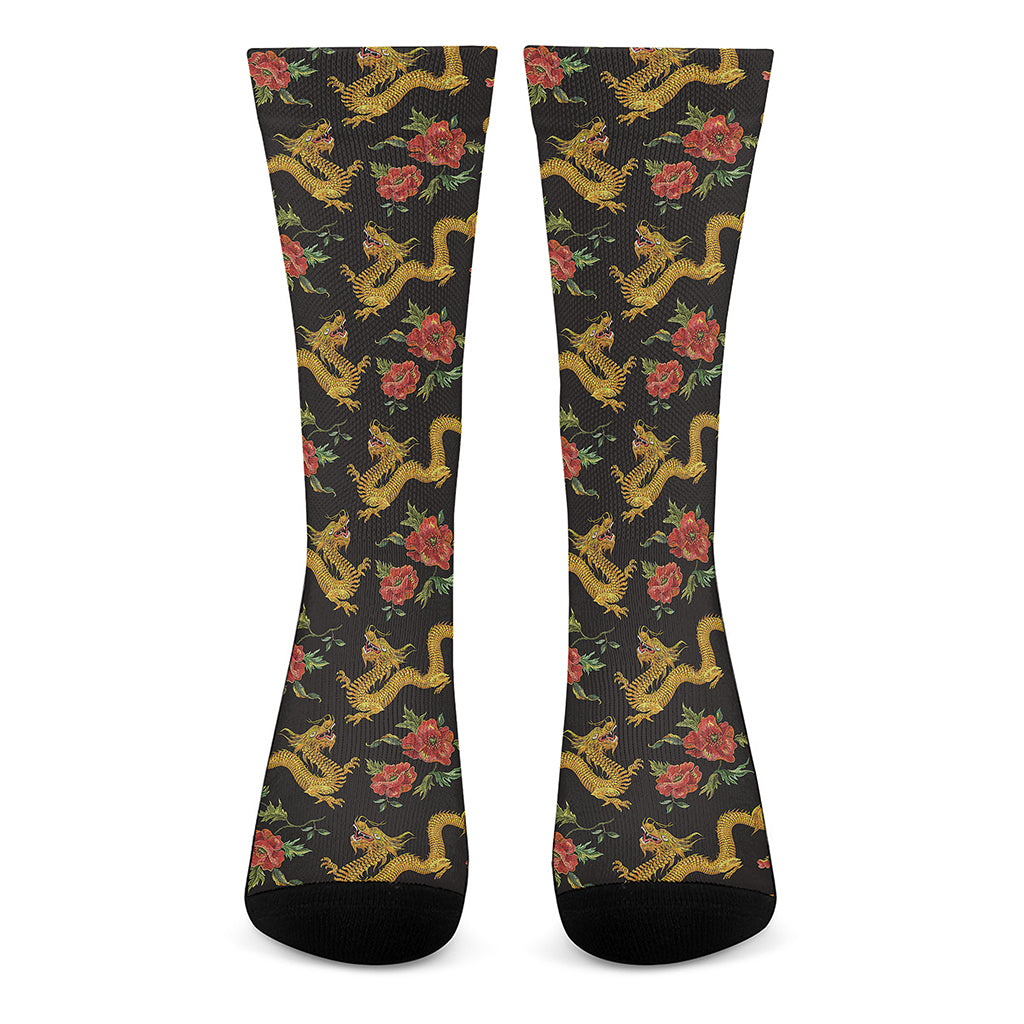 Embroidery Chinese Dragon Pattern Print Crew Socks