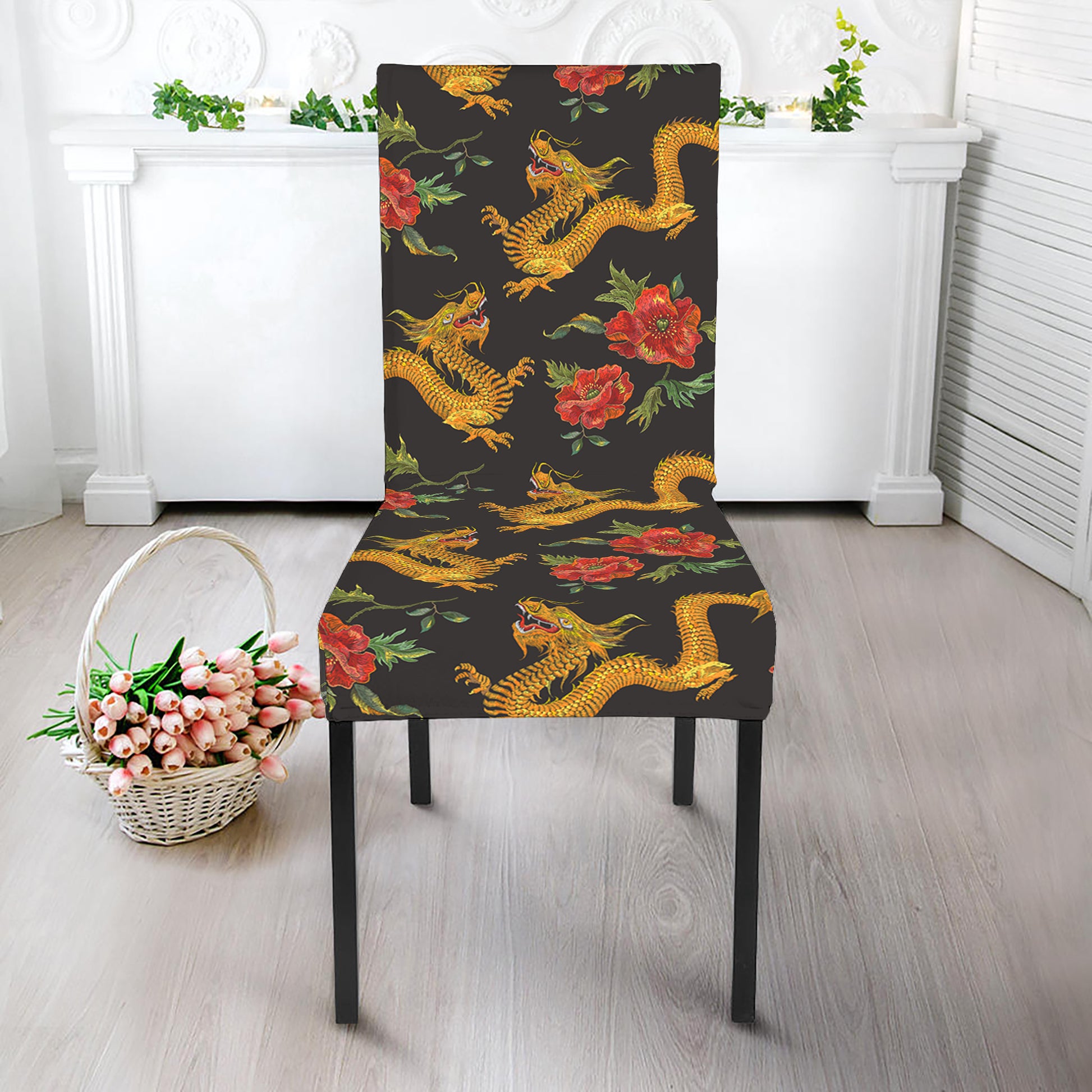 Embroidery Chinese Dragon Pattern Print Dining Chair Slipcover