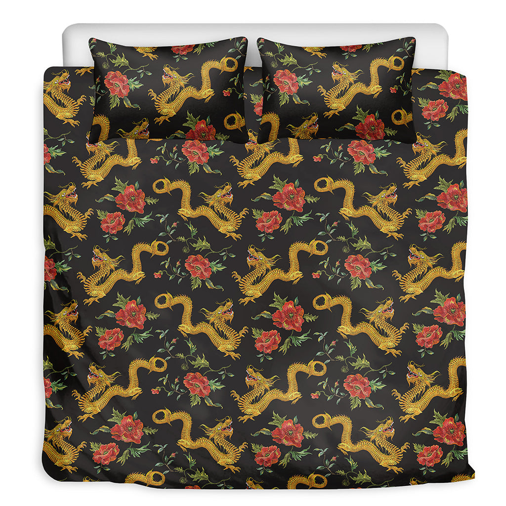 Embroidery Chinese Dragon Pattern Print Duvet Cover Bedding Set