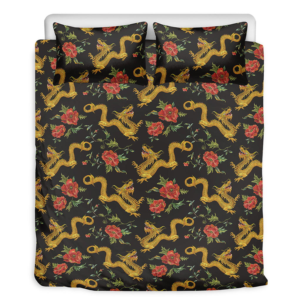 Embroidery Chinese Dragon Pattern Print Duvet Cover Bedding Set