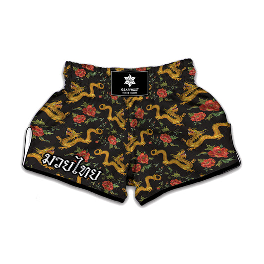 Embroidery Chinese Dragon Pattern Print Muay Thai Boxing Shorts