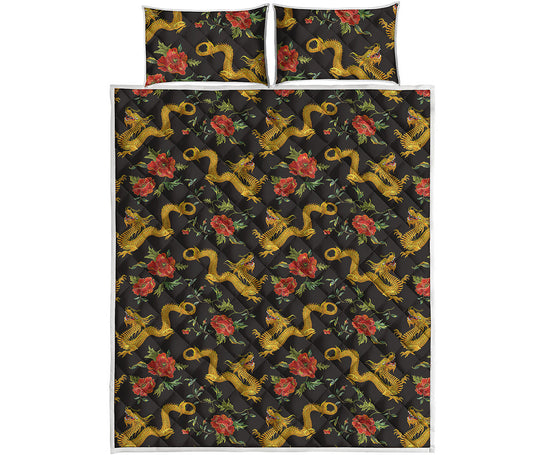 Embroidery Chinese Dragon Pattern Print Quilt Bed Set