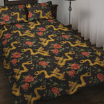Embroidery Chinese Dragon Pattern Print Quilt Bed Set