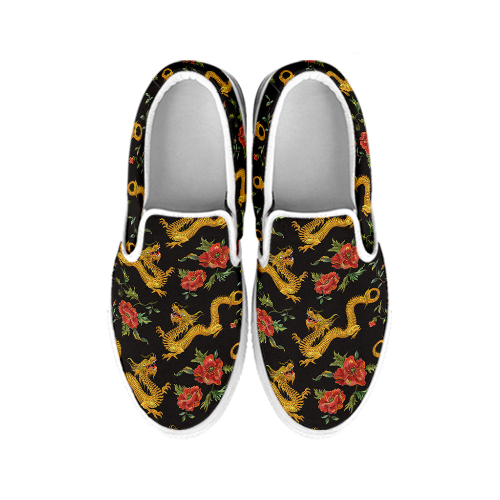 Embroidery Chinese Dragon Pattern Print White Slip On Shoes
