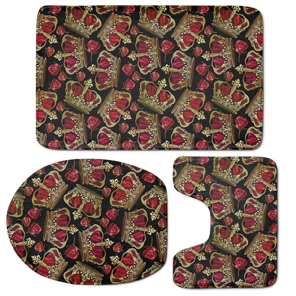 Embroidery Crown Pattern Print 3 Piece Bath Mat Set