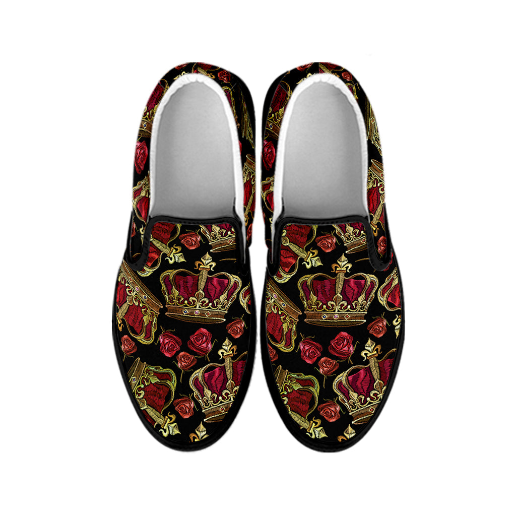 Embroidery Crown Pattern Print Black Slip On Shoes