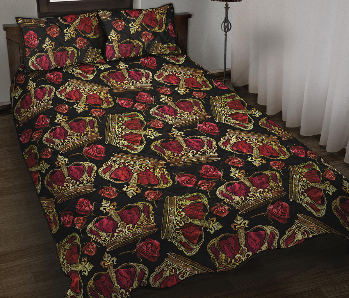 Embroidery Crown Pattern Print Quilt Bed Set