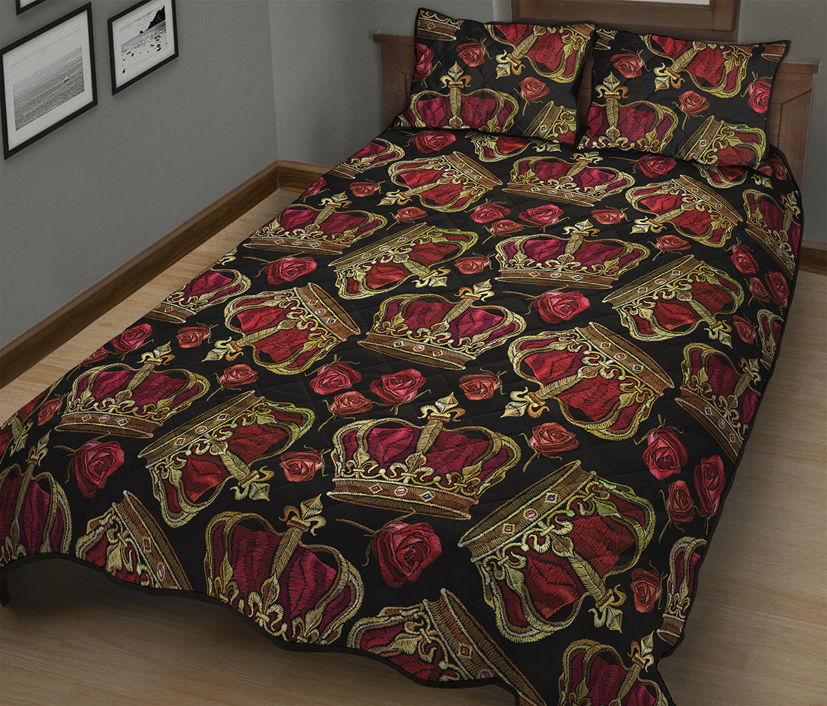 Embroidery Crown Pattern Print Quilt Bed Set
