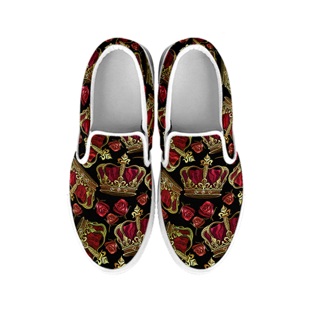 Embroidery Crown Pattern Print White Slip On Shoes