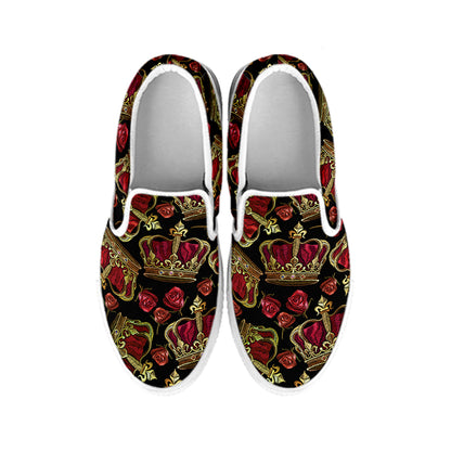 Embroidery Crown Pattern Print White Slip On Shoes