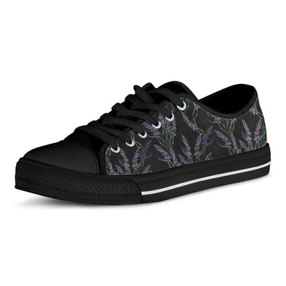Embroidery Lavender Pattern Print Black Low Top Shoes