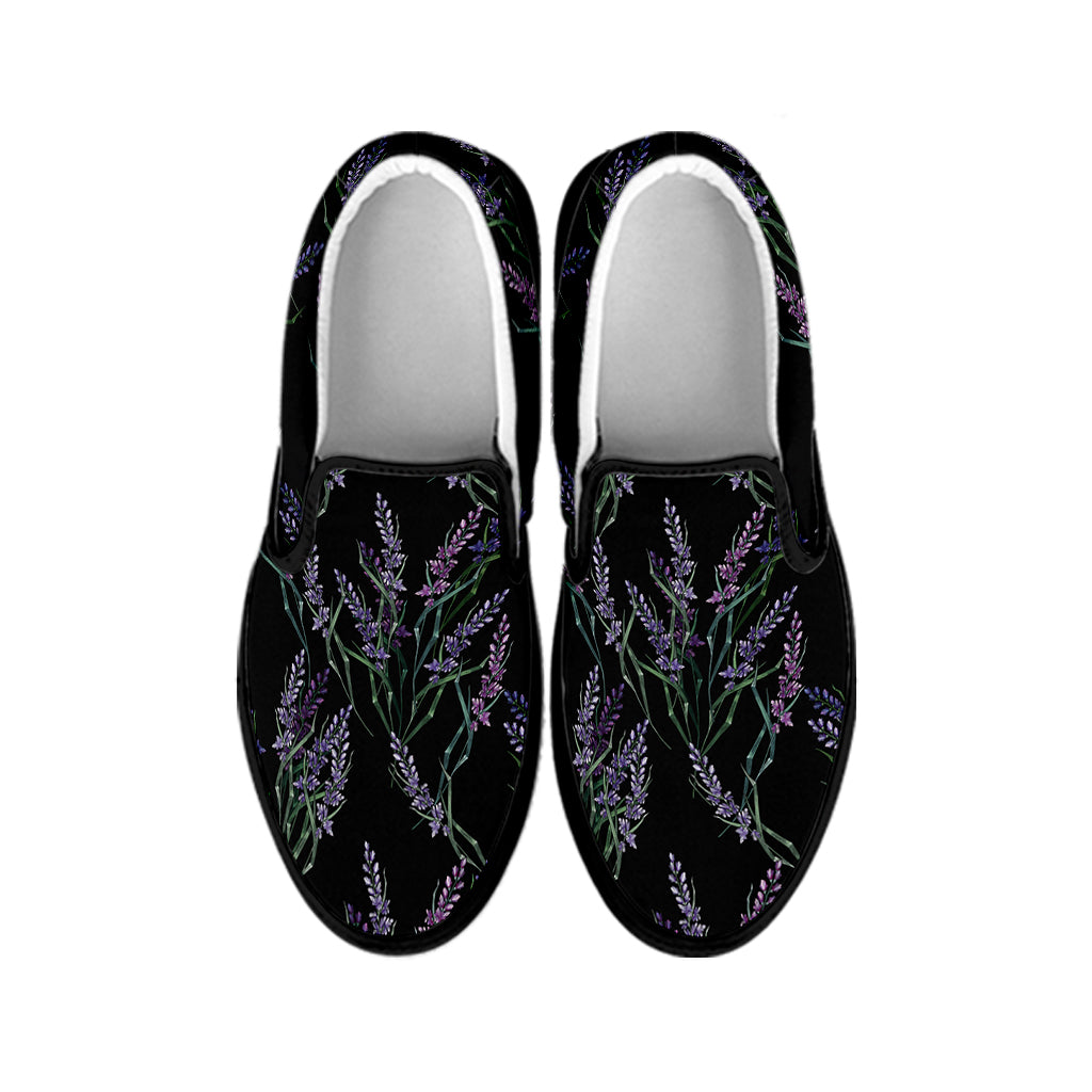 Embroidery Lavender Pattern Print Black Slip On Shoes