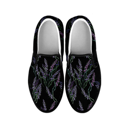 Embroidery Lavender Pattern Print Black Slip On Shoes