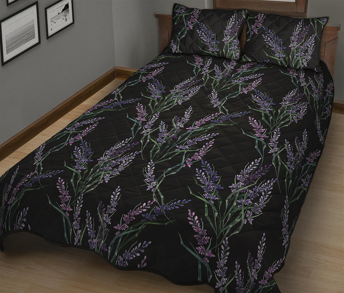 Embroidery Lavender Pattern Print Quilt Bed Set