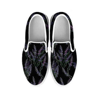 Embroidery Lavender Pattern Print White Slip On Shoes