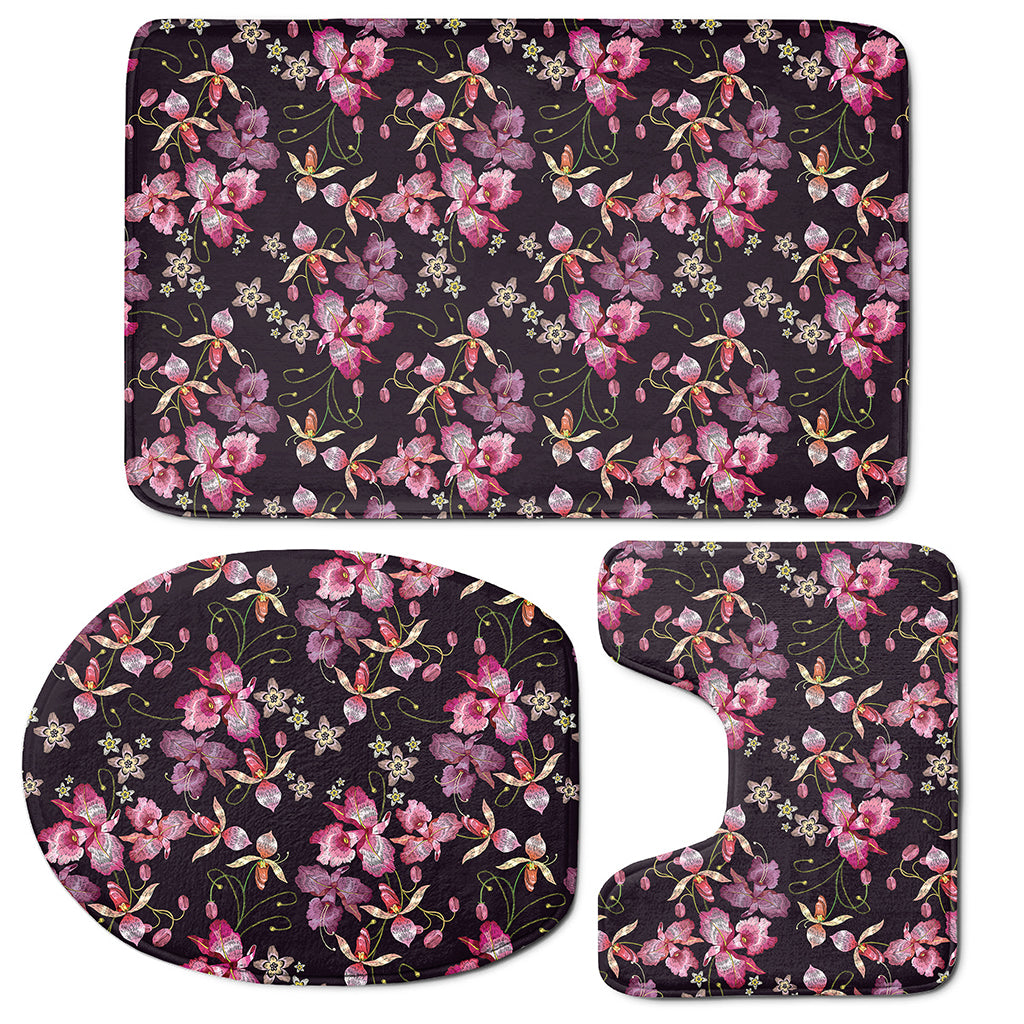 Embroidery Orchid Flower Pattern Print 3 Piece Bath Mat Set