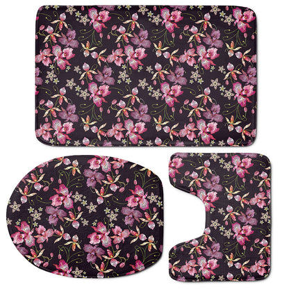 Embroidery Orchid Flower Pattern Print 3 Piece Bath Mat Set