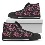 Embroidery Orchid Flower Pattern Print Black High Top Shoes