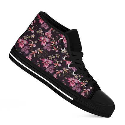 Embroidery Orchid Flower Pattern Print Black High Top Shoes