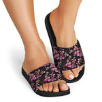 Embroidery Orchid Flower Pattern Print Black Slide Sandals