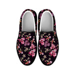 Embroidery Orchid Flower Pattern Print Black Slip On Shoes