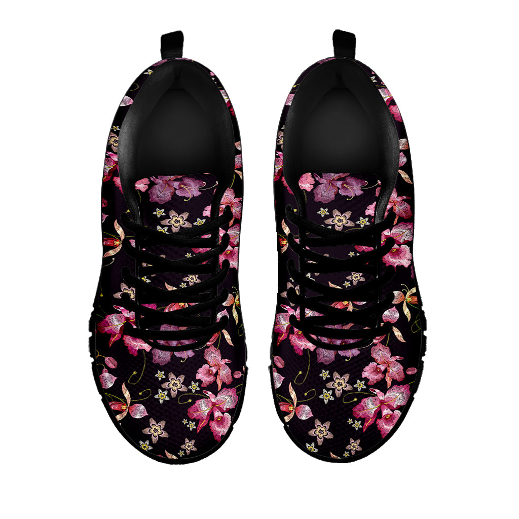 Embroidery Orchid Flower Pattern Print Black Sneakers