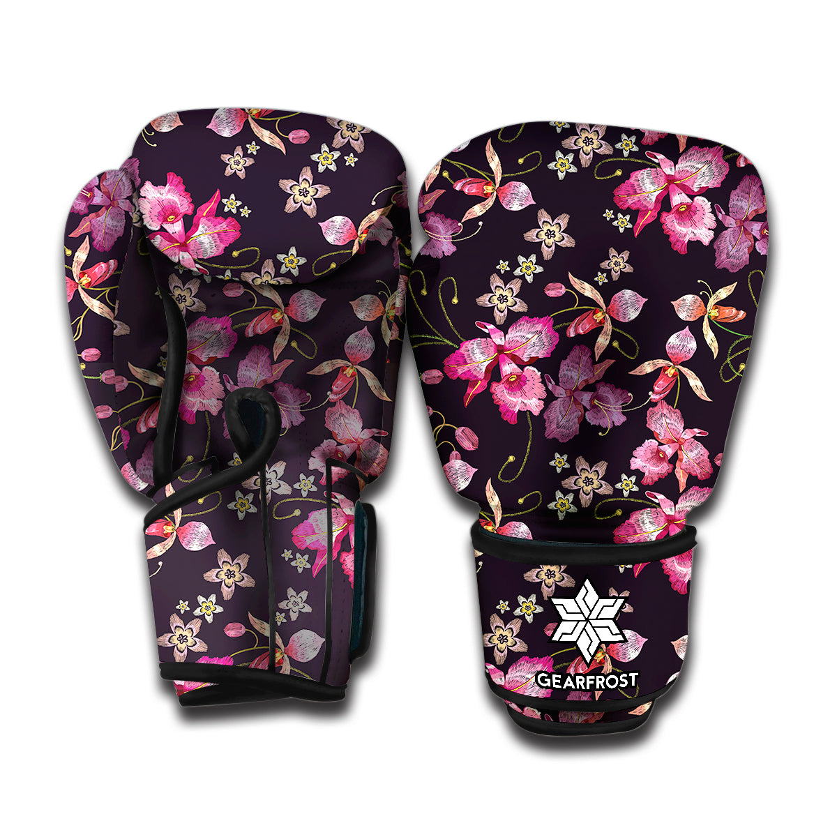 Embroidery Orchid Flower Pattern Print Boxing Gloves