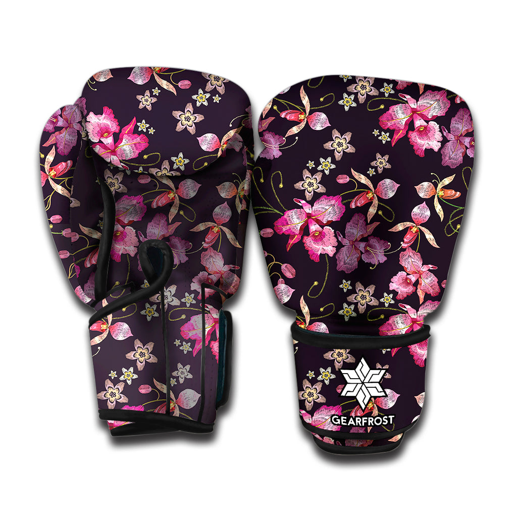 Embroidery Orchid Flower Pattern Print Boxing Gloves