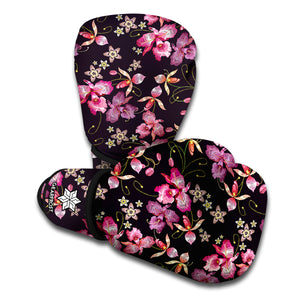 Embroidery Orchid Flower Pattern Print Boxing Gloves