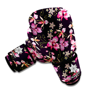 Embroidery Orchid Flower Pattern Print Boxing Gloves