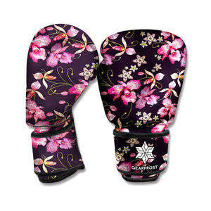 Embroidery Orchid Flower Pattern Print Boxing Gloves