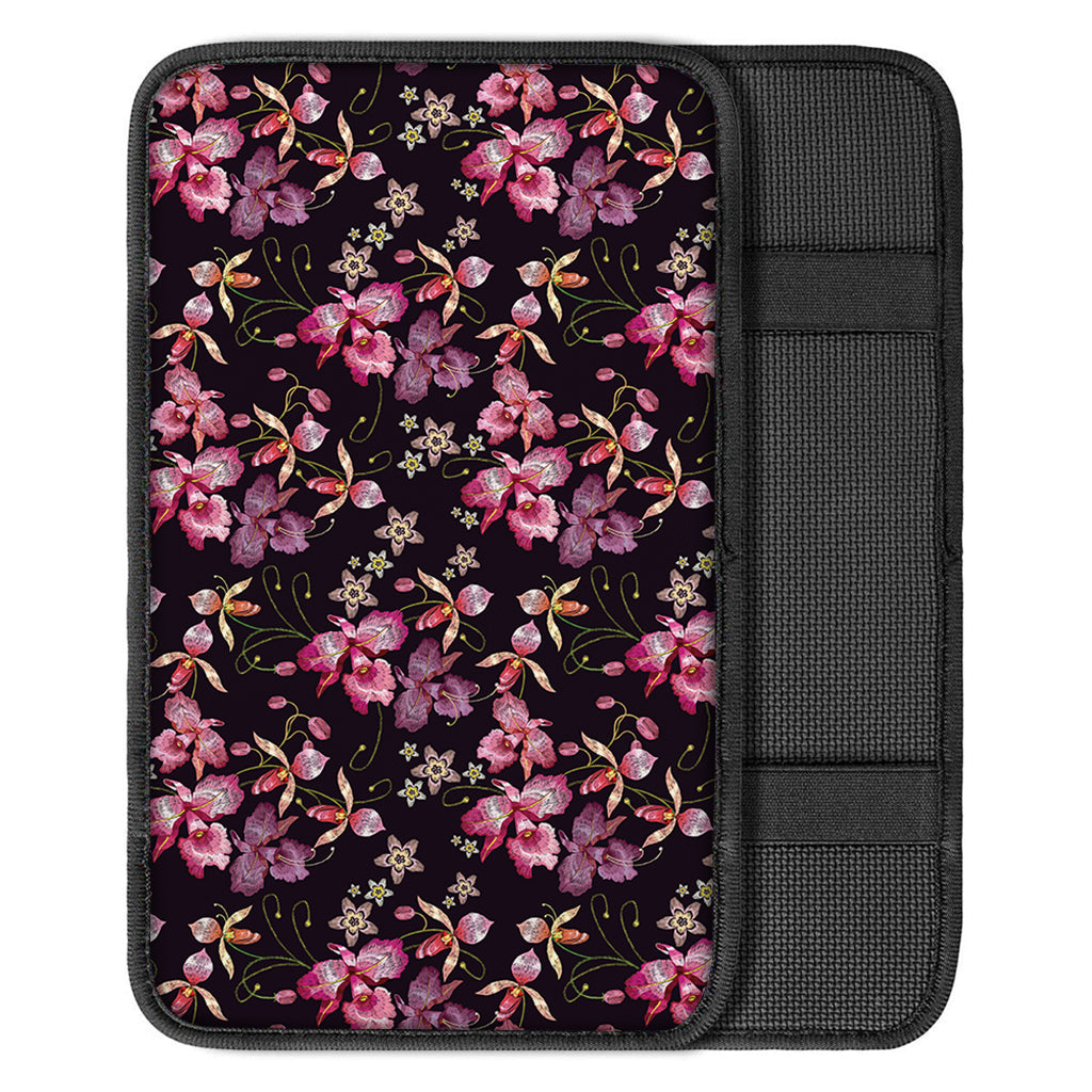 Embroidery Orchid Flower Pattern Print Car Center Console Cover