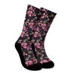 Embroidery Orchid Flower Pattern Print Crew Socks