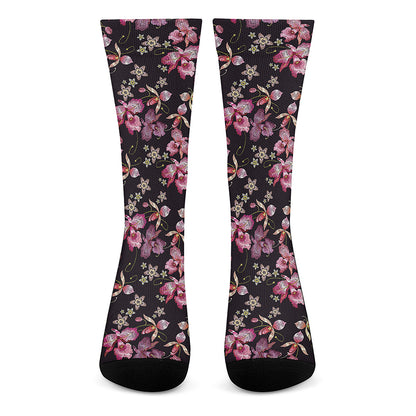 Embroidery Orchid Flower Pattern Print Crew Socks
