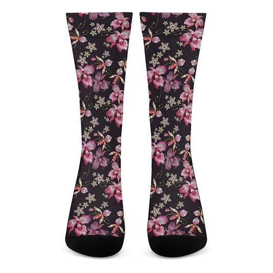 Embroidery Orchid Flower Pattern Print Crew Socks