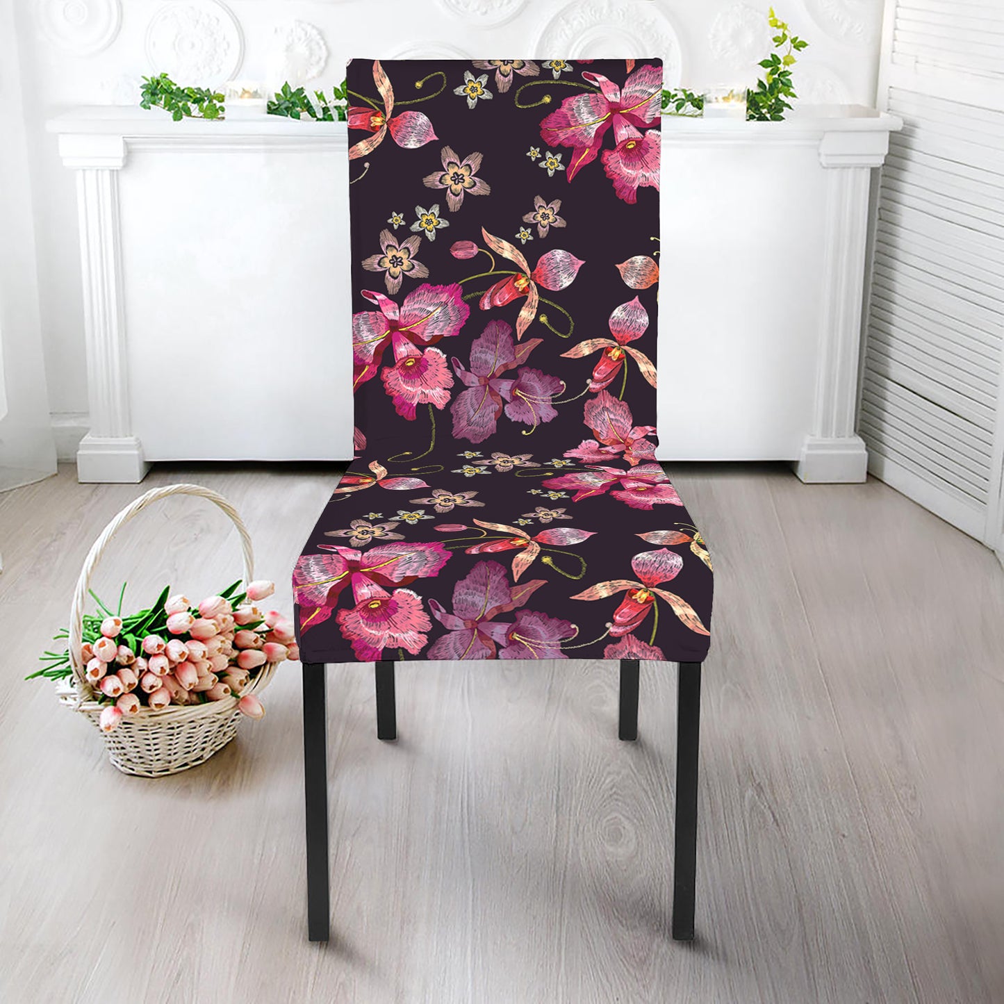 Embroidery Orchid Flower Pattern Print Dining Chair Slipcover