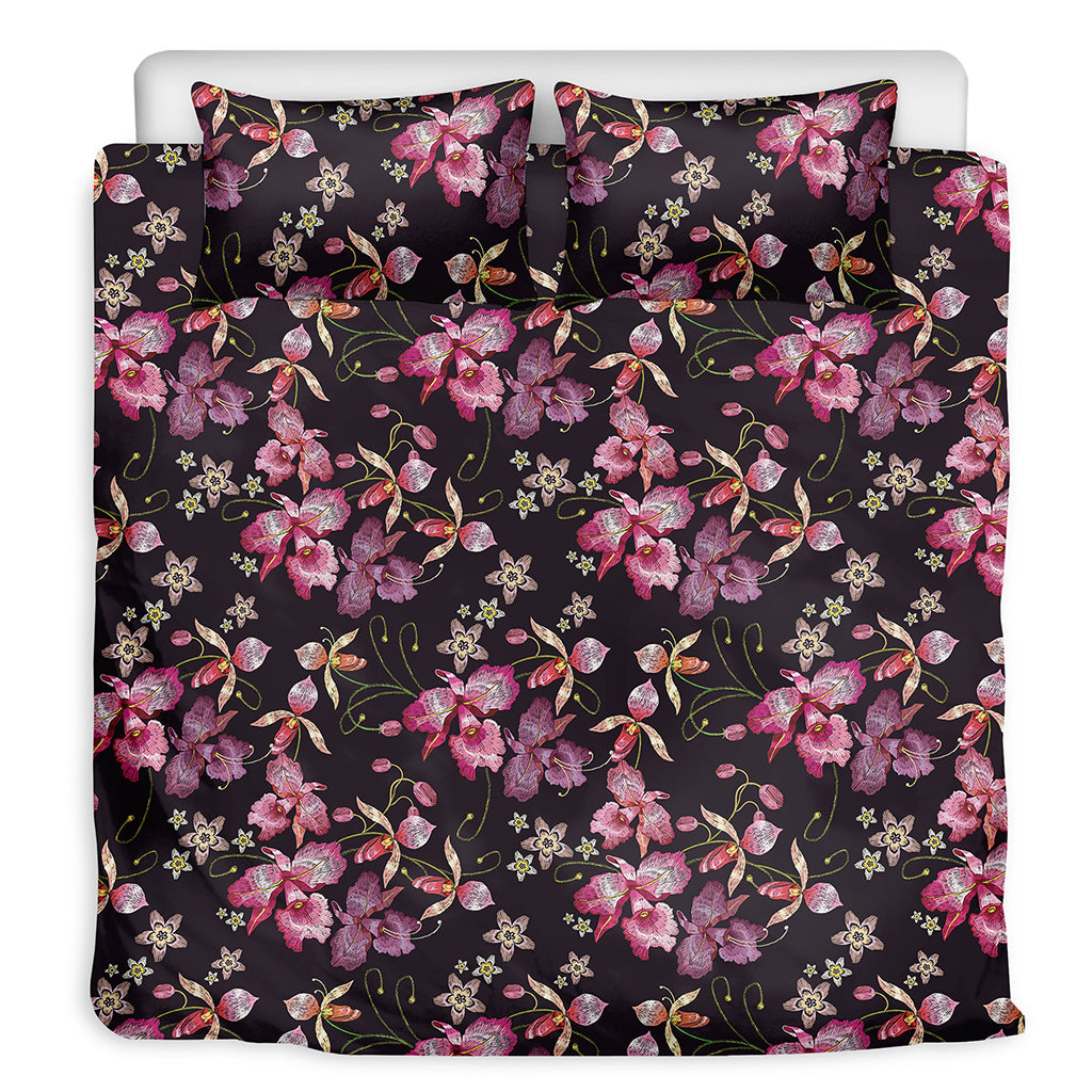 Embroidery Orchid Flower Pattern Print Duvet Cover Bedding Set