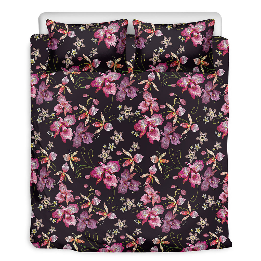 Embroidery Orchid Flower Pattern Print Duvet Cover Bedding Set